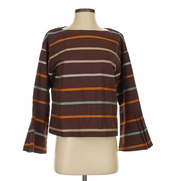 Kowtow Nelken Top 100% Organic Cotton 3/4 Bell Sleeve Brown Landscape Stripe Sm - Picture 3 of 6